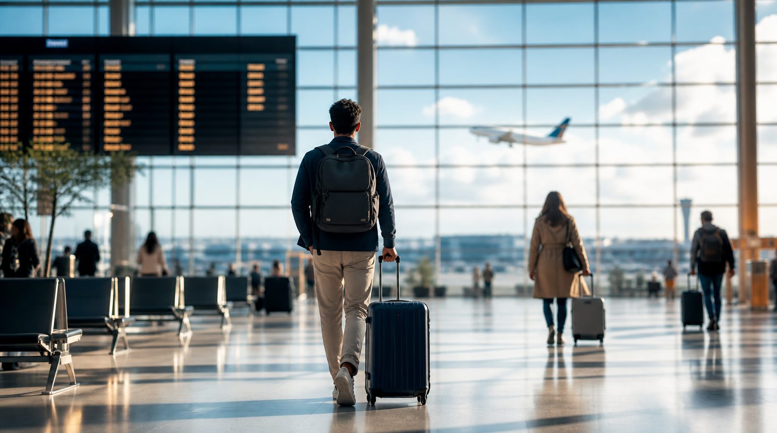 Traveler with luggage beneath a modern Los Angeles airport canopy