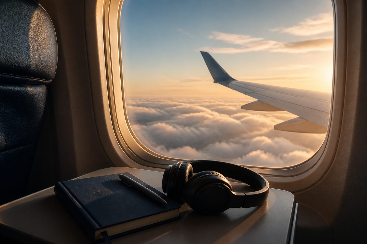 Airplane wing above clouds at sunset