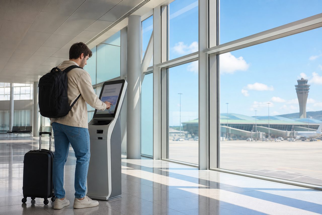 Viajero utilizando un quiosco de autoservicio en una terminal luminosa