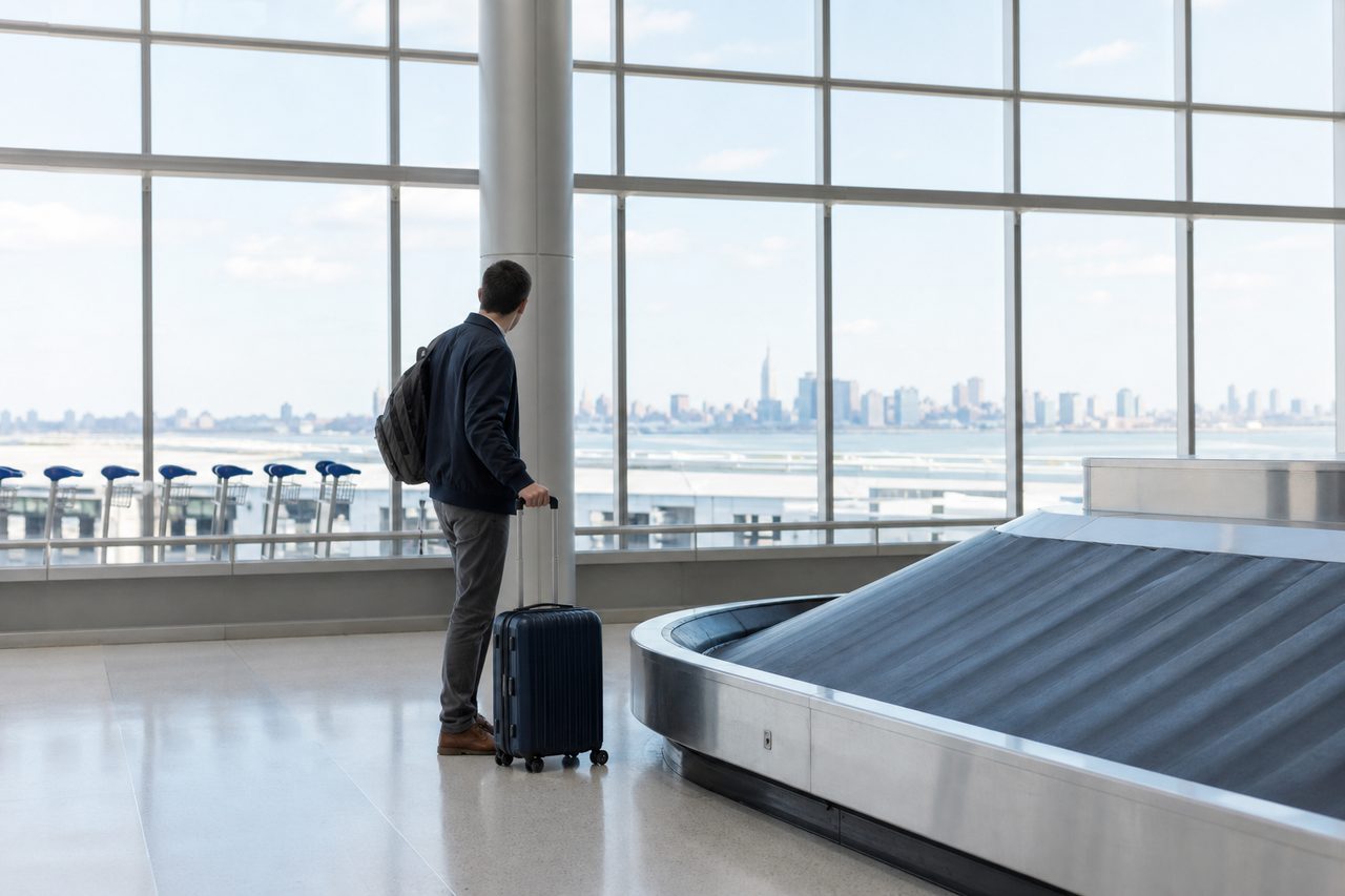 Traveler collecting a suitcase in a bright international airport arrivals hall