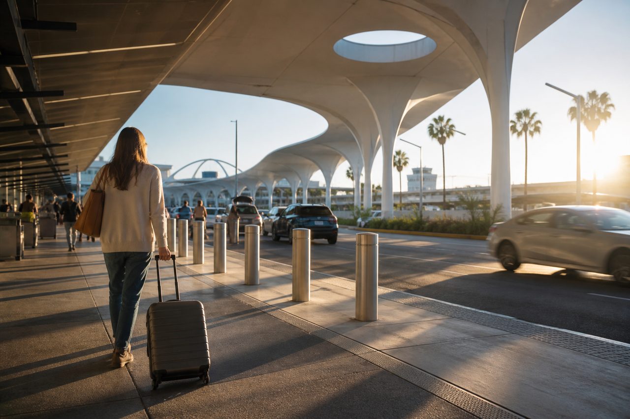 Traveler with luggage beneath a modern airport curbside canopy