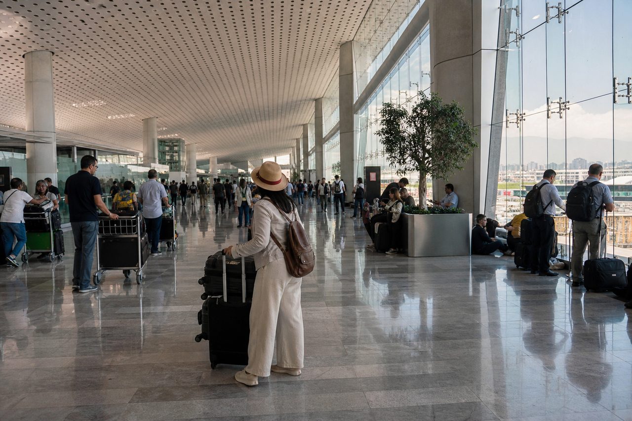 Pasajera con equipaje en una terminal internacional luminosa de Ciudad de México