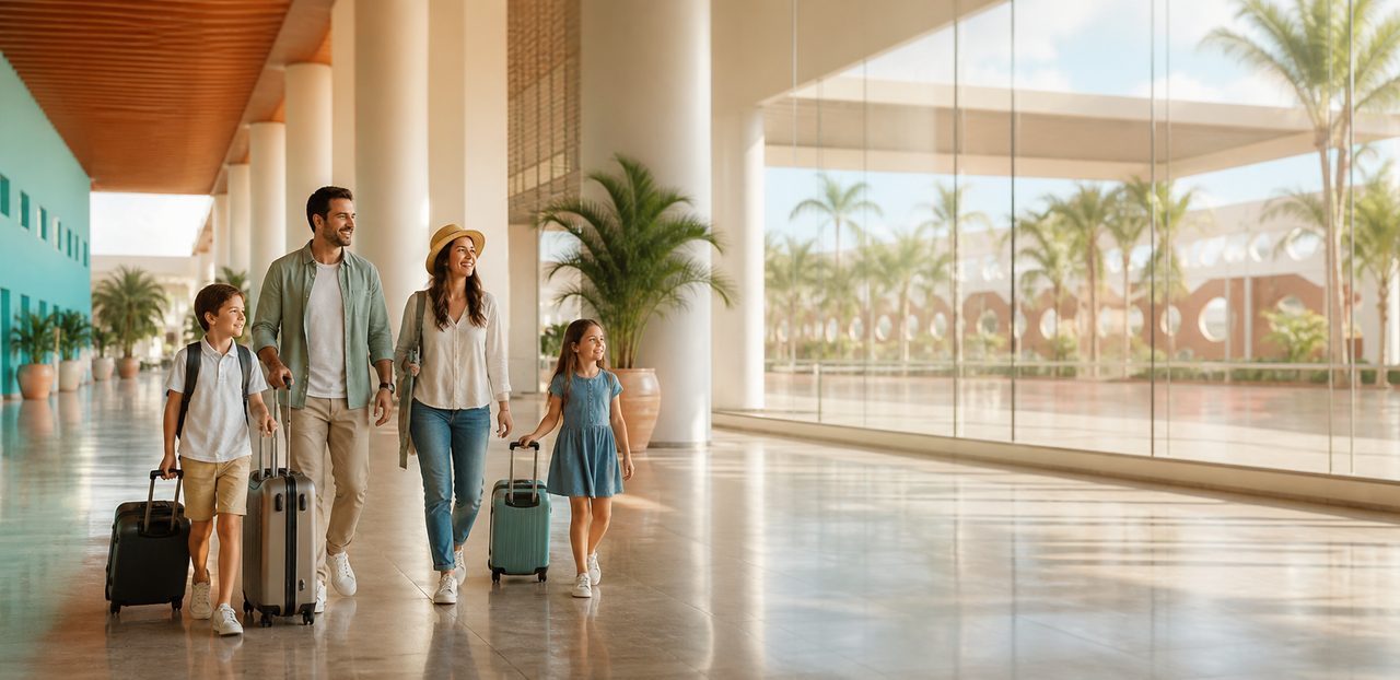 Familia caminando con equipaje por una terminal mexicana luminosa