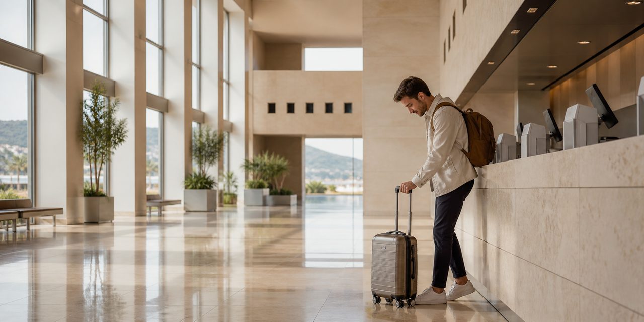 Viajero revisando su equipaje en una terminal europea luminosa