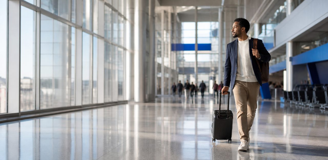 Traveler with carry-on luggage walking through a sunlit airport hall